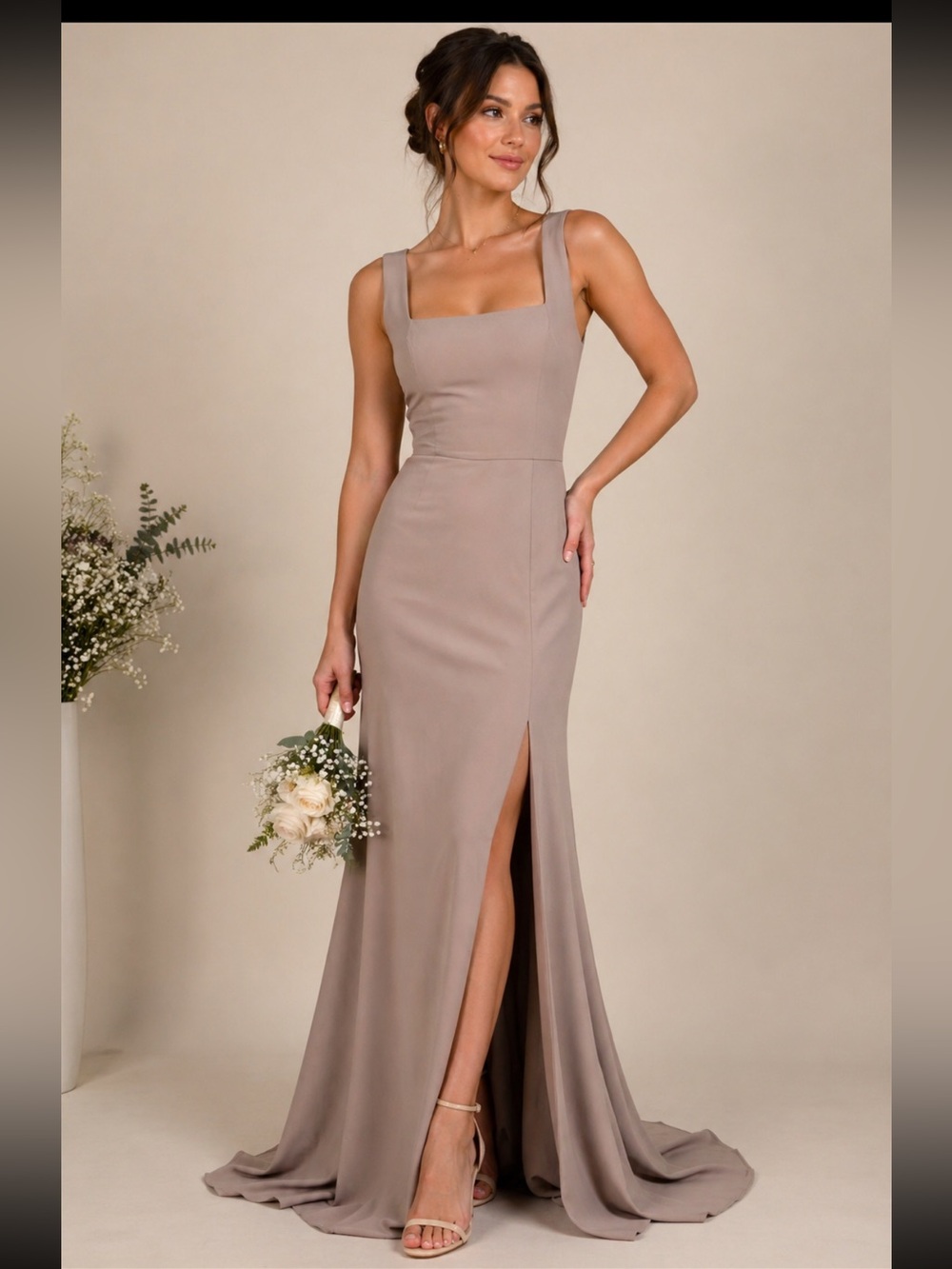 Birdy Grey Taupe Bridesmaid Dress Alex Crepe Maxi Gown Square Neck Slit NWT -S